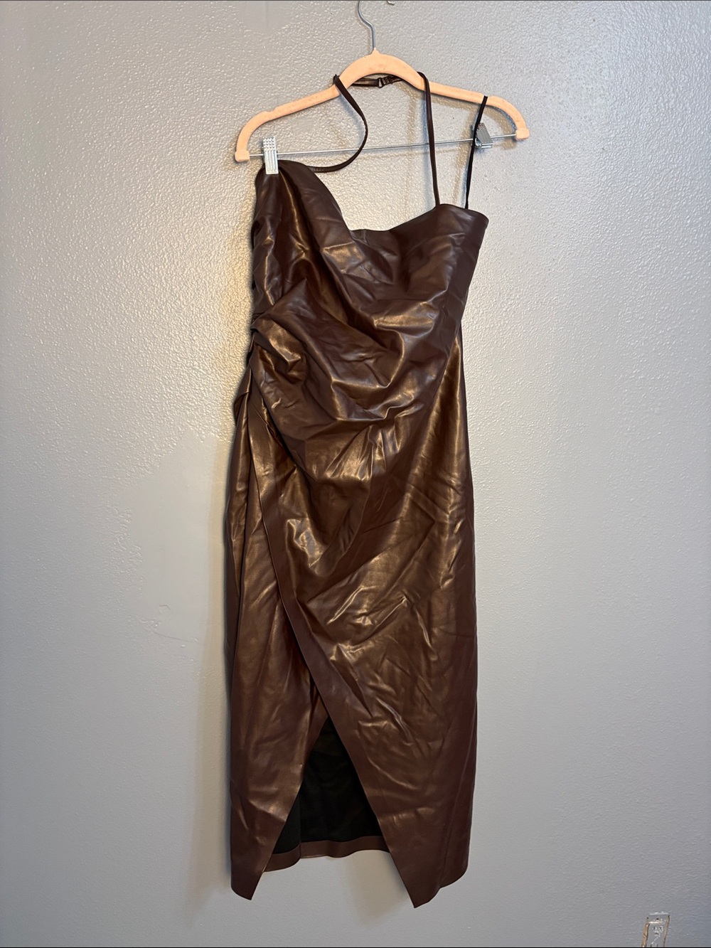 Sleeveless Brown Faux-Leather Wrap Midi Dress - Picture 3 of 5